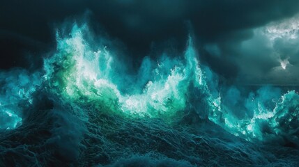 Obraz premium Ocean's Fury: A mesmerizing spectacle of turquoise waves crashing under a stormy sky. Nature's raw power captured in a breathtaking image.