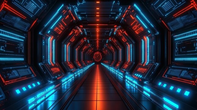 Neon-lit spaceship corridor with data displays, futuristic travel