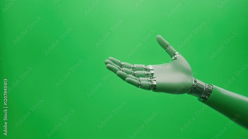 Poster robotic surgery arm on green background displaying futuristic medical technology innovation healthca