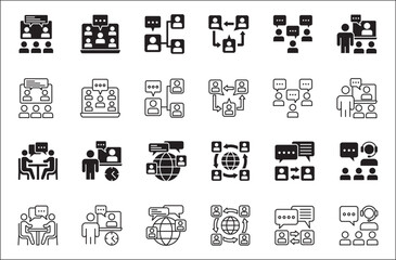 Business presentation icon set. Meeting and conference icons. Contains symbols of briefing, project, schedule, strategy, seminar, sales presentation, profile company, plan. Flat solid icon design.