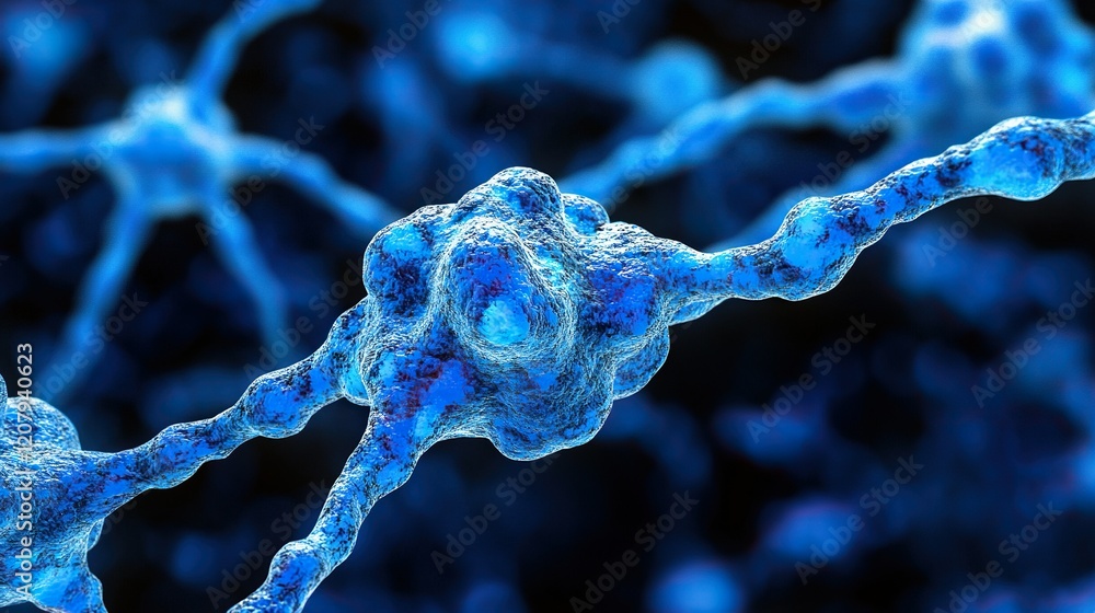 Poster neuron firing signals, connecting in network within brain. microscopic view