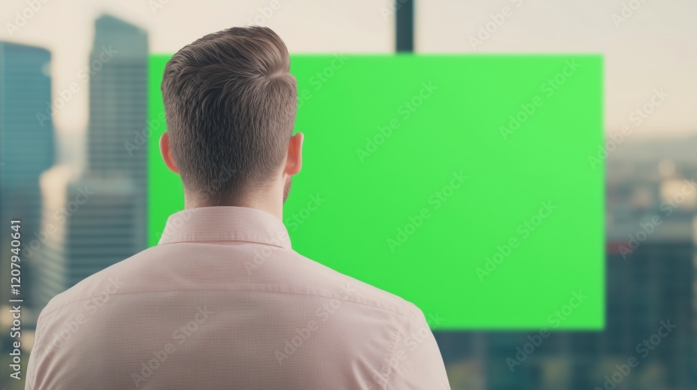 Aufkleber man viewing urban scene through green screen banner in office setting for digital design and present