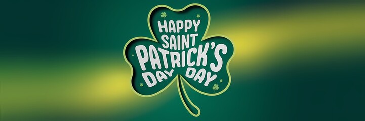 A 3D render of a creative minimalist Saint Patrick's Day poster design. The poster is in the shape of a shamrock with the text "Happy Saint Patrick's Day" inside the leaf. The background is a gradient