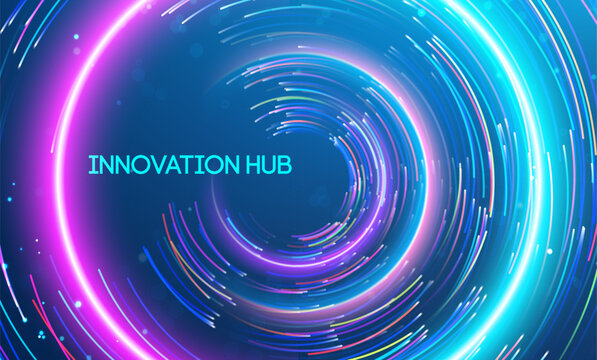 Innovation hub symbolized by circular motion of radiant light trails in a digital format. Big data and data science integration with advanced technology and artificial intelligence concepts.
