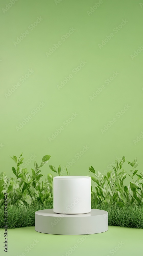 Poster minimalist green screen backdrop with rotating platform and white product display surrounded by gree