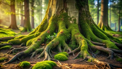 Close-up of Tree Roots with Soil and Moss, natural history, scientific illustration, tree of life