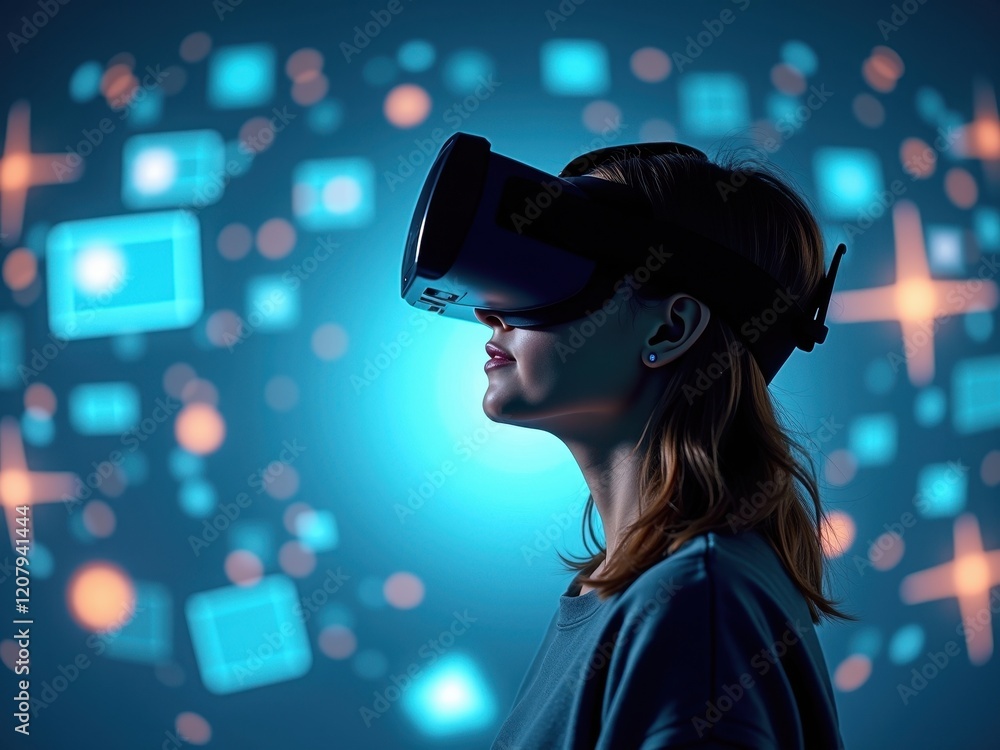 Poster user engages in virtual reality experience with immersive graphics in a modern gaming setting during