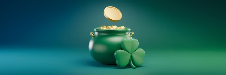 A 3D render of a creative minimalist Saint Patrick's Day poster design. There is a green pot of gold with a gold coin floating above it. There is a shamrock, a symbol of Saint Patrick's Day,