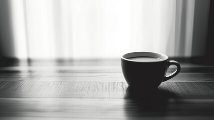 A minimalist black and white image of a coffee cup on a wooden table, softly illuminated by natural light filtering through sheer curtains