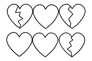 Broken hearts line art vector set