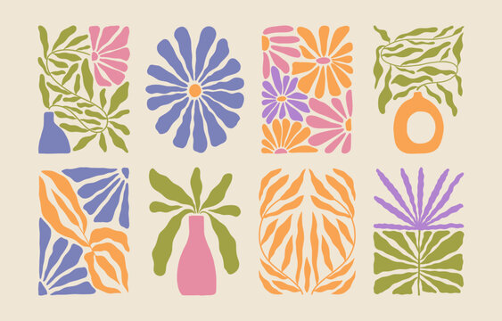 Trendy aesthetic posters with abstract groovy floral shape with flowers and leaves. Simple irregular wild plants. Naive funky prints for wall art, interior decorations. Boho summer illustrations