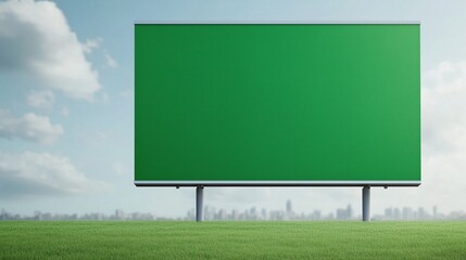 Green Screen Billboard Overlooks Football Stadium with Urban Skyline in Background Under Cloudy Sky