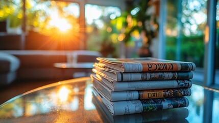 Newspapers stacked on table in sunlit living room at sunset