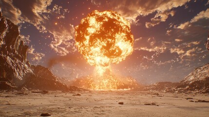 A colossal explosion erupts in the distance, sending a fiery mushroom cloud into the sky, casting an orange glow over the desolate terrain at dusk