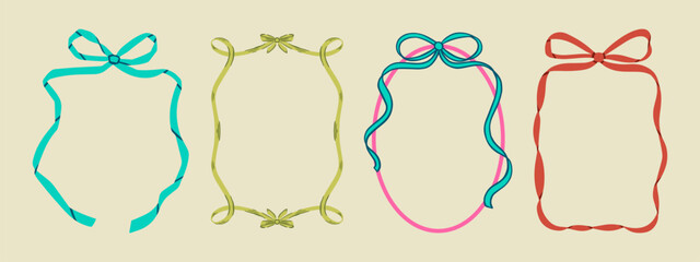 Set of elegant whimsical hand-drawn pink blue orange green color frames with wavy squiggle curly ribbons in trendy, vintage styles. Perfect for quirky holiday, wedding, birthday gift decorations