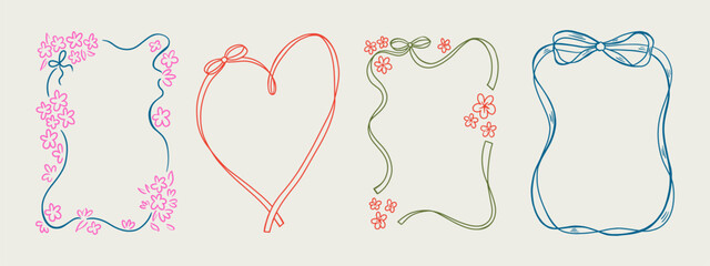 Set of elegant whimsical hand-drawn pink blue orange green color frames with wavy squiggle curly ribbons in trendy, vintage styles. Perfect for quirky holiday, wedding, birthday gift decorations