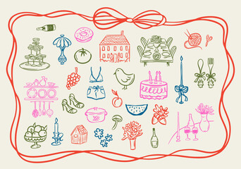 Set of whimsical hand-drawn cottage core, food and drink illustartion in trendy vintage style. Perfect for quirky wedding holiday, dinner and bar menu, bachelorette party, birthday invitation, sign