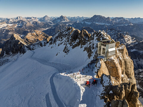 Aerial View Of Marmolada Glacier From Drone, Dolomite Mountains. Sella Ronda group and the Marmolada group in winter. Marmolada in winter, Dolomites and Tauern range in background, Dolomites, Italy.