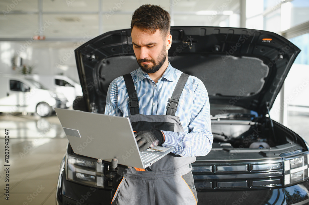 Poster Mechanic Uses a Computer with an Augmented Reality Diagnostics Software. Specialist Inspecting Car's Engine to Quickly Spot Broken Components. Premium Car Service