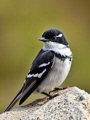 Obraz premium Close-up image of black eared wheatear perched on a rock, showcasing its distinctive black ear patch and white throat, wildlife, close-up, black ear patch