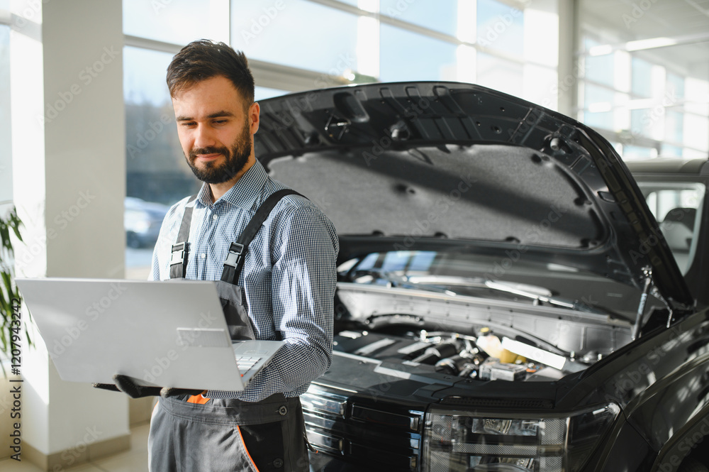 Leinwandbilder Automotive mechanic running diagnostics software on computer. Mechanic doing vehicle diagnostic test in auto service garage