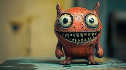 A quirky red monster figure with oversized eyes and an exaggerated grin is displayed on a textured surface
