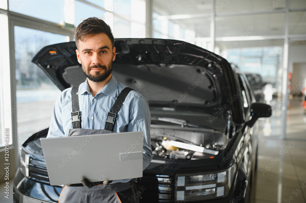 Leinwandbilder Mechanic Uses a Computer with an Augmented Reality Diagnostics Software. Specialist Inspecting Car's Engine to Quickly Spot Broken Components. Premium Car Service