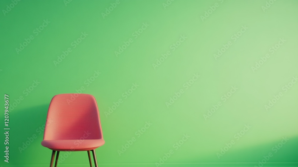 Poster retro futuristic scene with green screen backdrop and red chair in minimalist setting for modern des