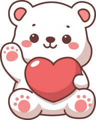 Cute polar bear holding heart shap and waving paw cartoon, vector illustration