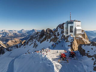 Aerial View Of Marmolada Glacier From Drone, Dolomite Mountains. Sella Ronda group and the Marmolada group in winter. Marmolada in winter, Dolomites and Tauern range in background, Dolomites, Italy.