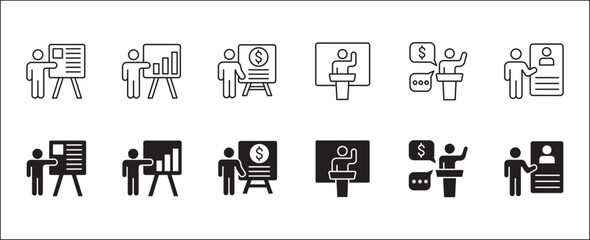 Business presentation icon set. Meeting and conference icons. Contains symbols of briefing, project, schedule, strategy, seminar, sales presentation, profile company, plan.