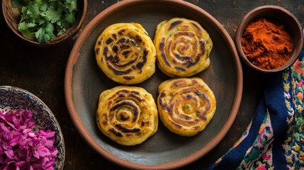 Delicious Spiral Breads on Rustic Plate