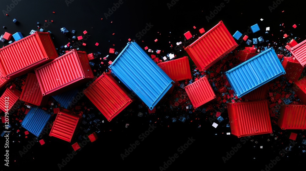 Poster colorful shipping containers scattered dynamically against a dark background.