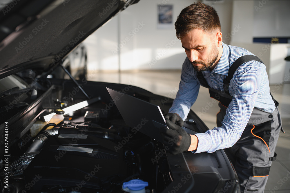 Leinwandbilder Mechanic Uses a Computer with an Augmented Reality Diagnostics Software. Specialist Inspecting Car's Engine to Quickly Spot Broken Components. Premium Car Service