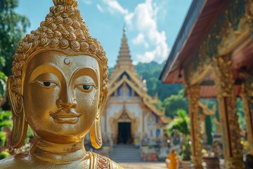Golden buddha statue emanating tranquility with a blurred temple in the background, capturing the essence of buddhist spirituality and reverence