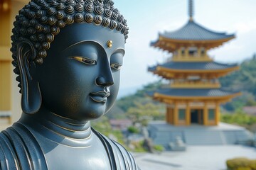 Close-up of a serene buddha statue with a traditional japanese pagoda blurred in the background, evoking peace and spirituality