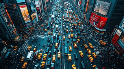 NYC Times Square traffic jam, aerial view, billboards, dusk