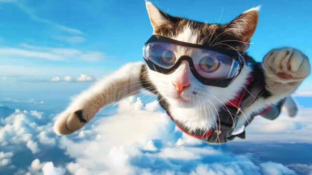 Cat in flight: a skydiving adventure capturing joy and freedom above the clouds