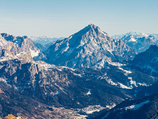 Aerial View Of Marmolada Glacier From Drone, Dolomite Mountains. Sella Ronda group and the Marmolada group in winter. Marmolada in winter, Dolomites and Tauern range in background, Dolomites, Italy.