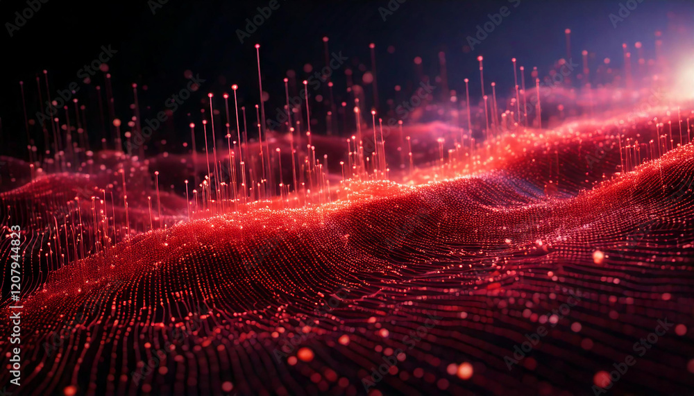 Aufkleber abstract digital landscape with glowing red particles and lines. dynamic red particle wave. abstract