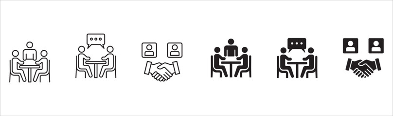 Business Meeting icon set. Presentation and conference icons. Contains symbols of online conference, briefing, project, schedule, strategy, seminar, sales presentation, profile company, plan.