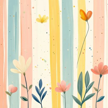 A minimalist Easter background featuring soft pastel-colored stripes and subtle floral motifs