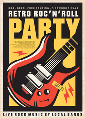 Retro rock and roll party poster with electric guitar graphic. Musical event vector illustration concept.