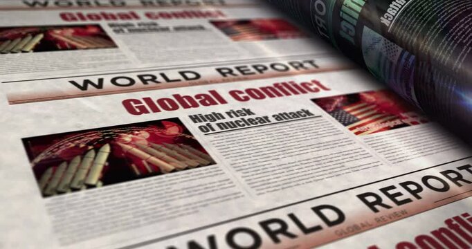 Global conflict world war iii daily news newspaper roll printing. Abstract concept retro headlines 3d seamless looped.