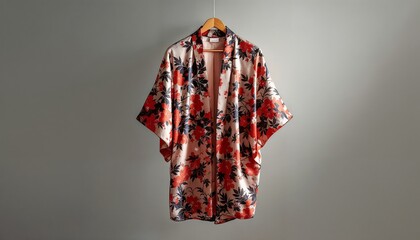 Elegant Floral Kimono in Beige and Red Tones Displaying Modern Japanese Fashion with Copy Space
