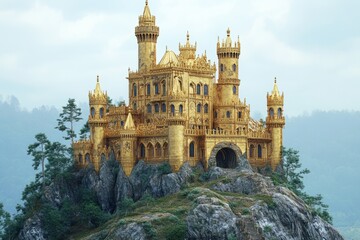 Obraz premium Majestic golden castle built on top of a rocky mountain peak, surrounded by lush vegetation and a misty, ethereal atmosphere