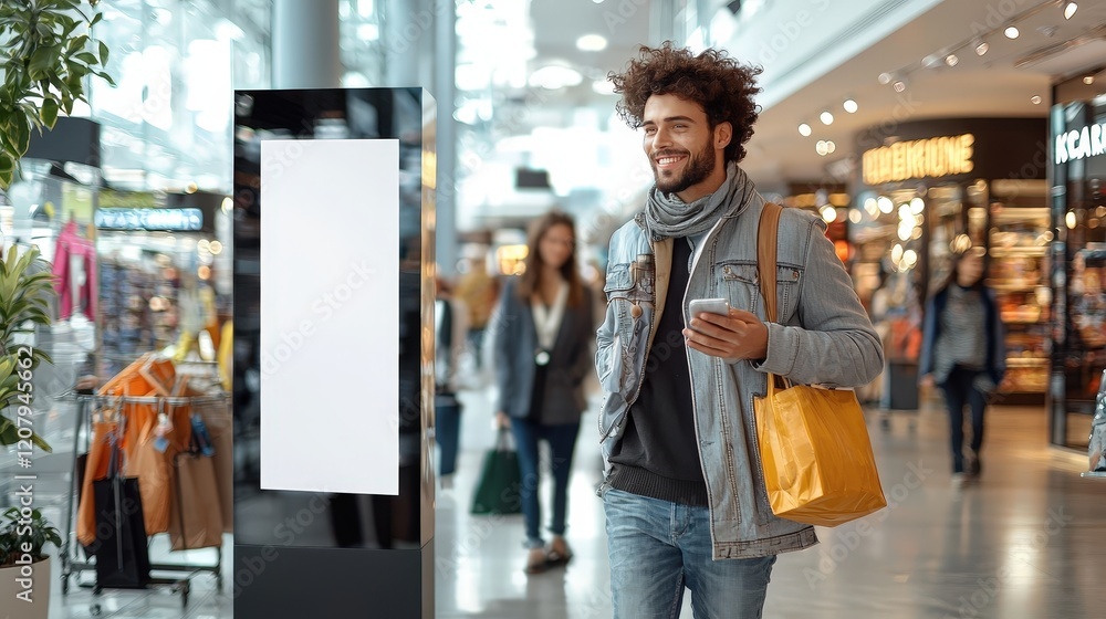 Poster man standing in modern mall intently observing his mobile device surrounded by elegant architecture 