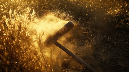 Dusty Field with Farming Tool in Golden Light