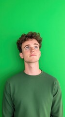 Fototapeta premium Young Man Posing Against Vibrant Green Screen for Vlog Content Creation and Travel Footage Showcasing