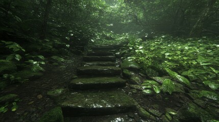 Mossy Stone Steps Leading Deep Into Lush Rainforest